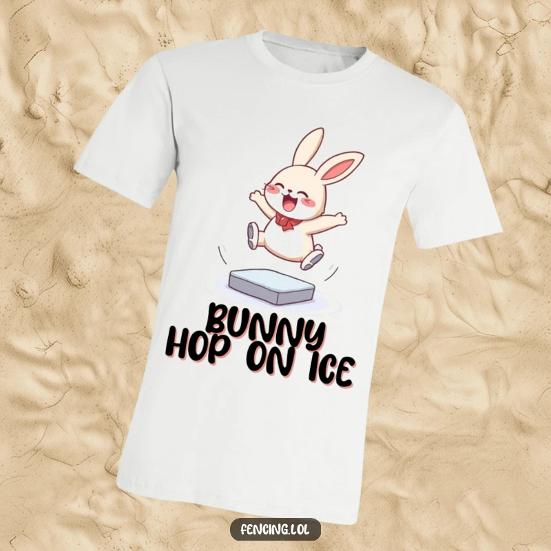 Funny T-shirt with a giggling bunny performing a triple jump on ice, capturing a moment of athletic humor and bravery, a perfect gift item.