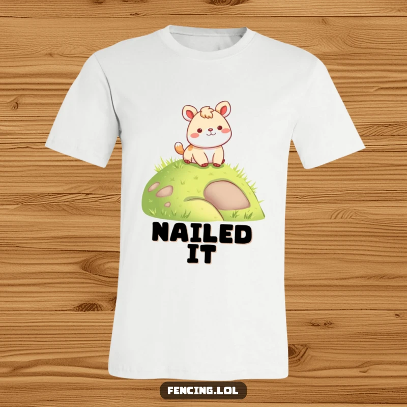 Funny t-shirt print of a joyful animal landing smoothly on a vibrant green grassy hill, expressing peaceful arrival.