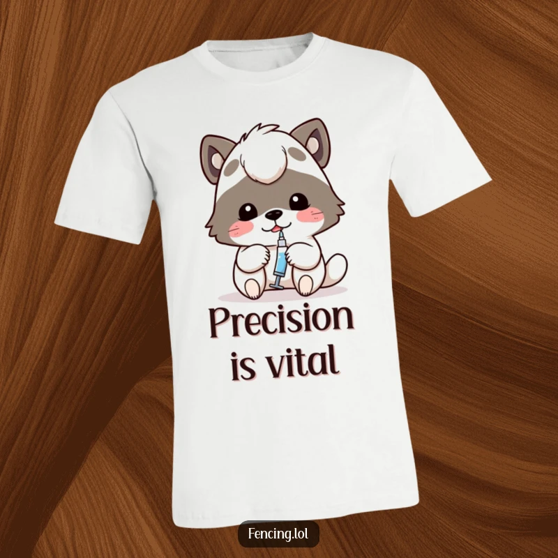Funny t-shirt depicting a determined animal meticulously using a tiny syringe, a humorous nod to concentration.