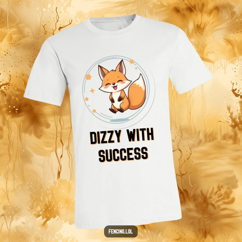 Funny t-shirt graphic of a determined fox spinning in a circle, radiating pure joy and delighted energy.