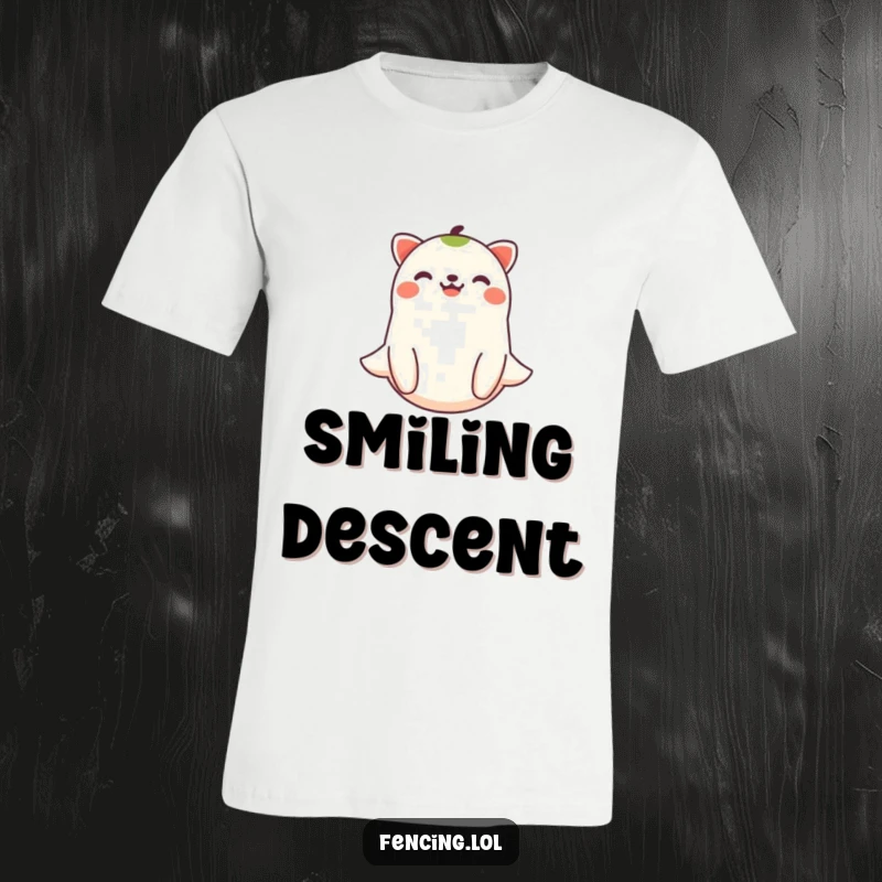 Funny joyful animal floating with a smile on a t-shirt, embodying peace and lightheartedness.