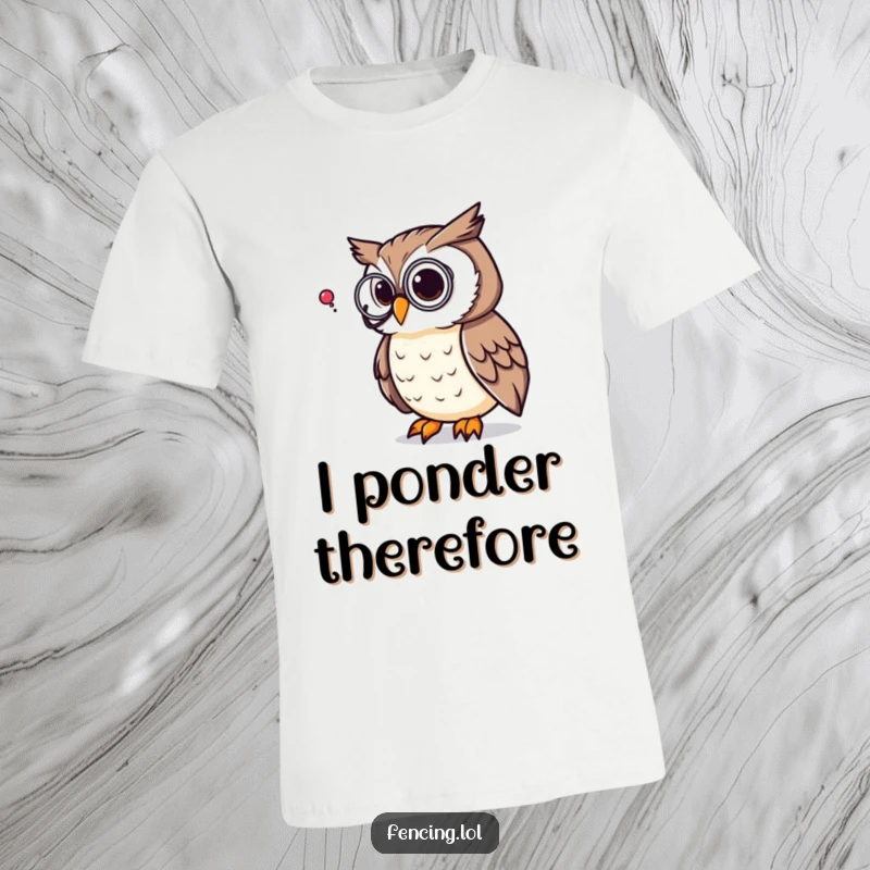 Funny t-shirt showcasing a thoughtful owl with a monocle, contemplating a large question mark, a humorous representation of intellect and curiosity.
