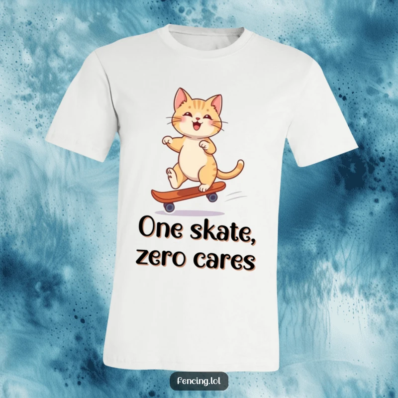 Funny t-shirt depicting a playful cat balancing and gliding gracefully on one roller skate with impressive skill.