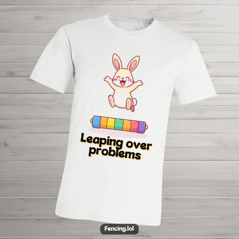 Funny rabbit t-shirt with a happy bunny soaring over a bar in a high jump, radiating pure joy and energy.