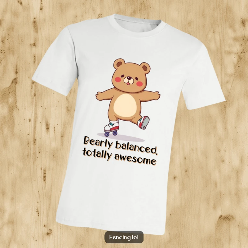 Funny t-shirt with a determined brown bear in mid-air performing a perfect split while balancing on roller skates.