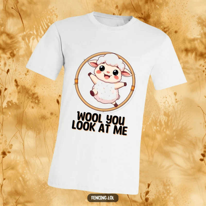 Funny, grinning fluffy sheep leaping through a hoop with athletic joy, on a comfortable t-shirt.
