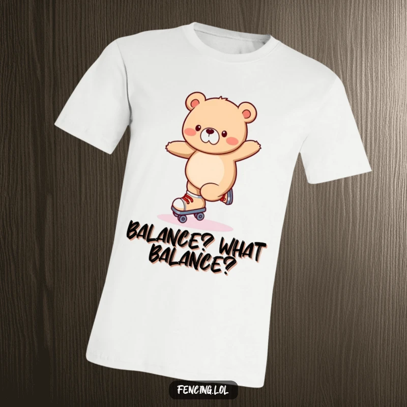 Funny t-shirt graphic of a wobbly bear falling off roller skates while attempting a trick, looking surprised and clumsy.