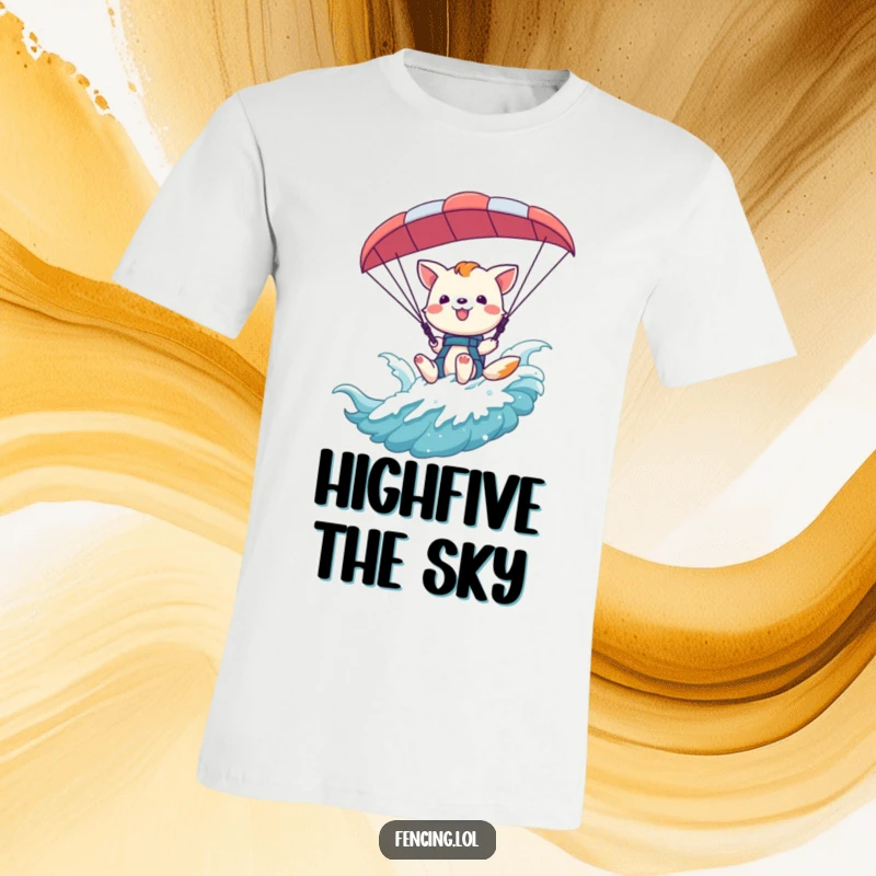 Funny playful animal waving from a paraglider harness on a t-shirt, capturing a moment of pure joy.