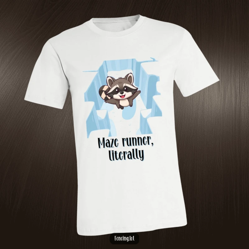 Funny Raccoon Ice Maze T-Shirt: A cheerful raccoon expertly navigating an ice maze, a humorous depiction of skill.