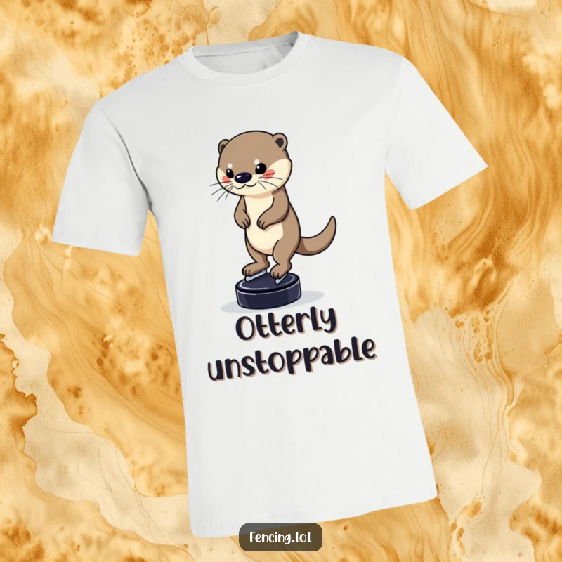 Funny T-shirt with a determined otter balancing on a puck while skating, capturing a moment of athletic prowess and humor, a perfect gift item.