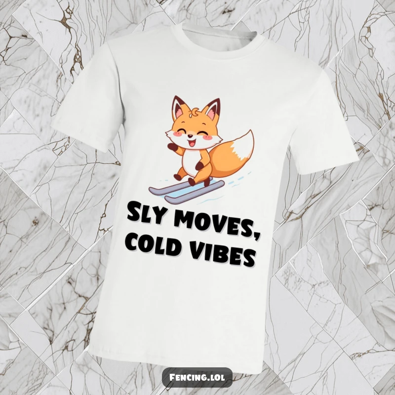 Funny t-shirt with a happy fox gracefully zipping around an ice rink with a joyful and excited expression.