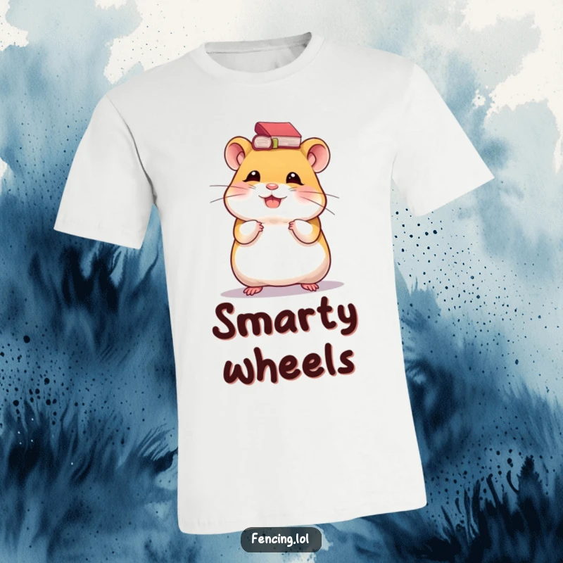 Funny t-shirt featuring a giggling hamster expertly balancing a small book on its head, showcasing adorable intelligence and joy.