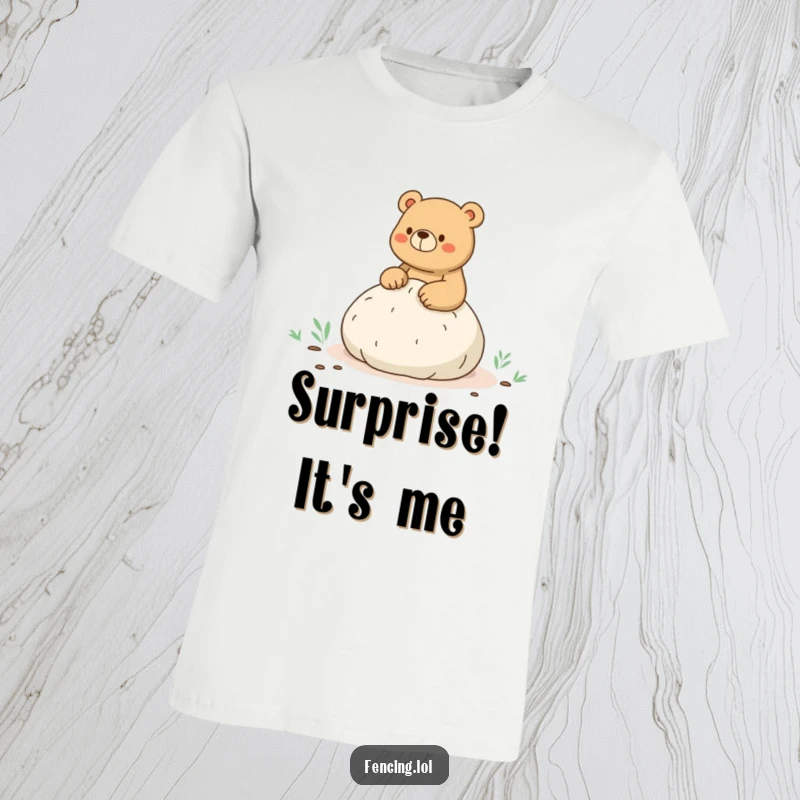Funny t-shirt depicting a bear squishing a whoopee cushion on a hike, evoking a comical moment of surprise and embarrassment.