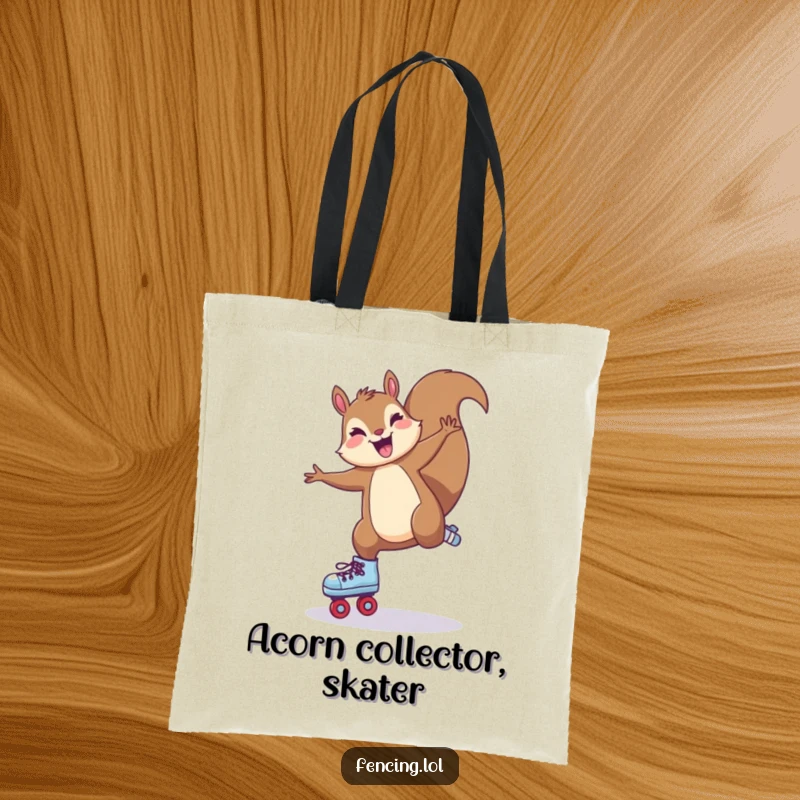 Funny Tote Bag: A joyful squirrel doing a cartwheel on roller skates, depicting energetic fun for shoppers.