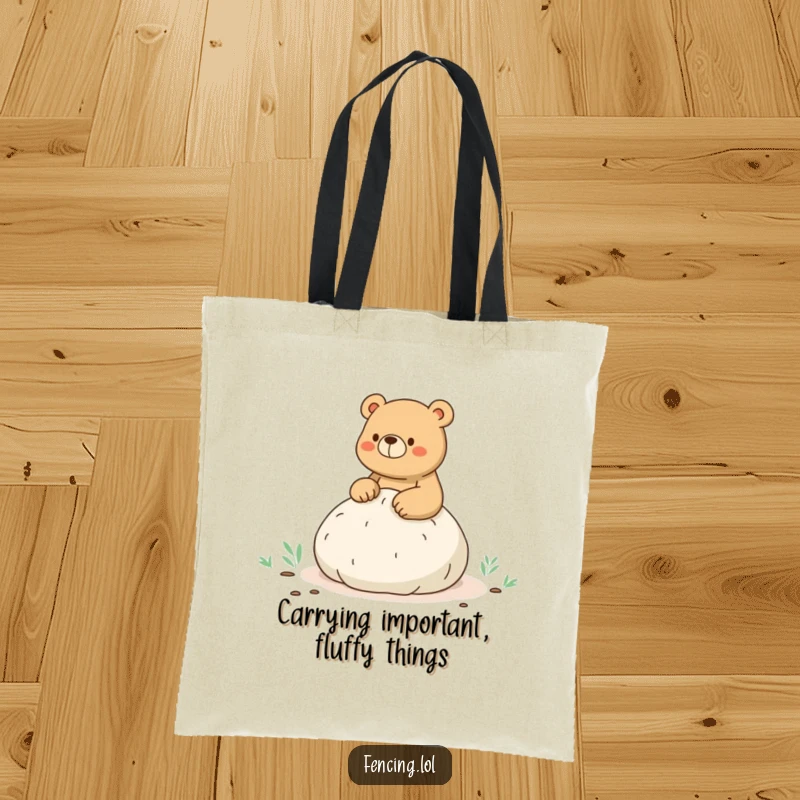Funny tote bag illustrating a bear's comical whoopee cushion incident during a hike, perfect for carrying essentials with a humorous touch.