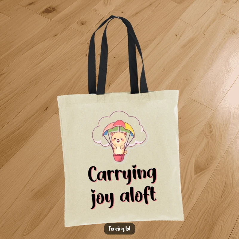 Funny tote bag illustration of a happy animal floating from a cloud on a colorful parachute.