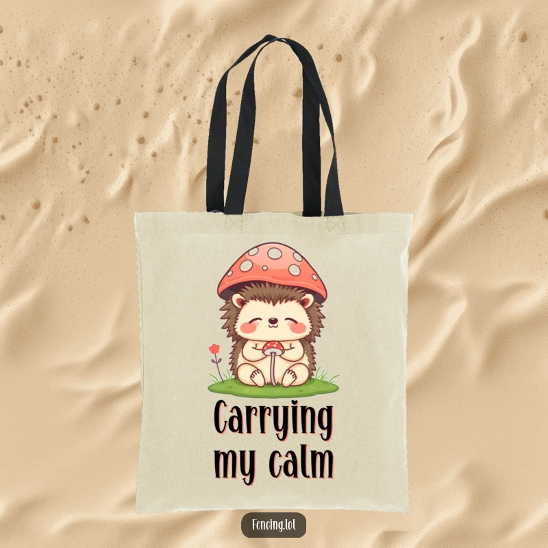 Funny Tote Bag: A cheerful hedgehog meditating under a small mushroom, ideal for everyday use and displaying a funny, peaceful vibe.