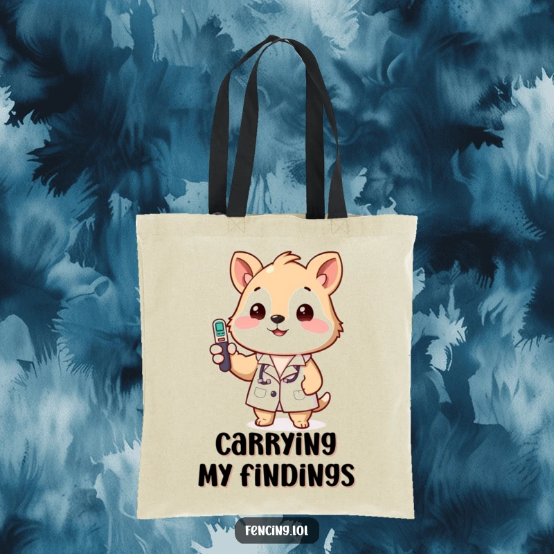 Funny tote bag featuring a happy animal in a lab coat, holding a thermometer, ready for a diagnosis.
