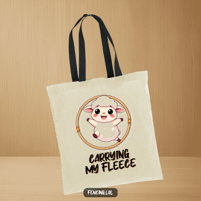 Funny sheep with a wide grin leaping through a hoop, on a stylish and humorous tote bag.