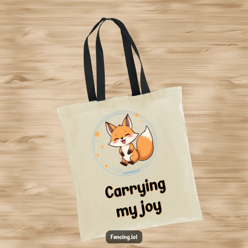 Funny tote bag illustration of a determined fox spinning in a circle, expressing sheer delight and vibrant energy.
