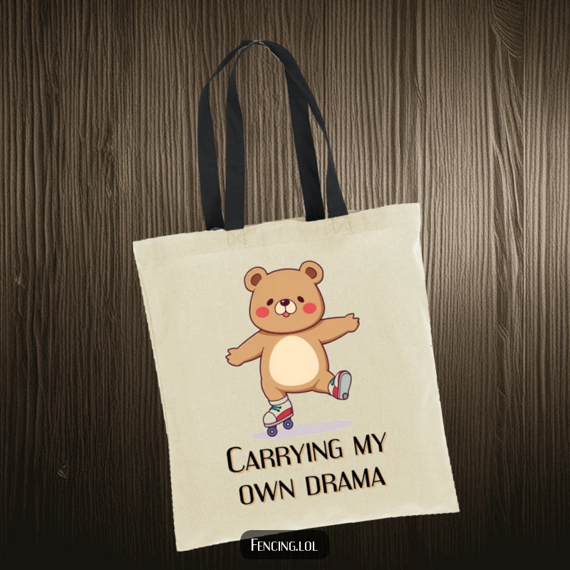 Funny tote bag illustrating a determined bear in a dynamic split pose on roller skates, ready for action.