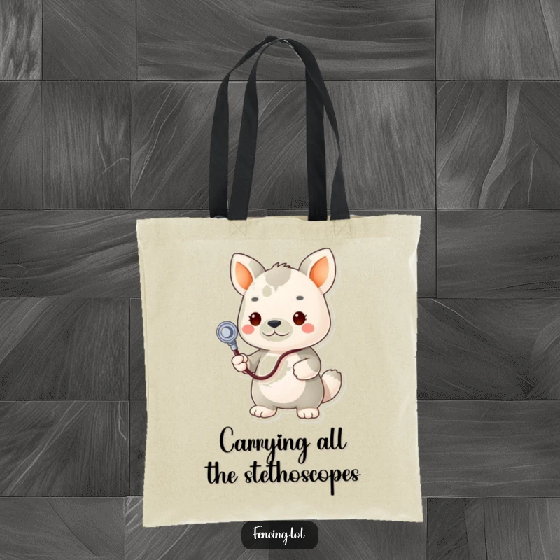 Funny tote bag, determined animal veterinarian holding stethoscope to a plush toy, showing a cute and funny medical scene.