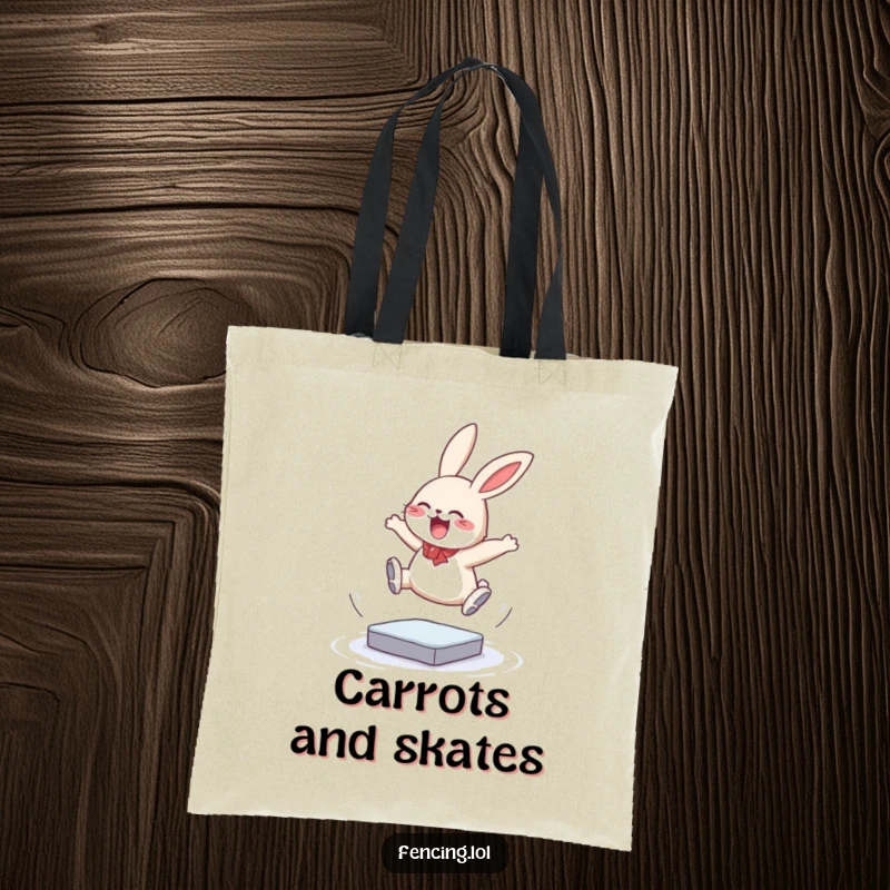 Funny tote bag featuring a giggling bunny performing a triple jump on ice, practical for everyday use while adding a touch of humorous athleticism, ideal for a gift.