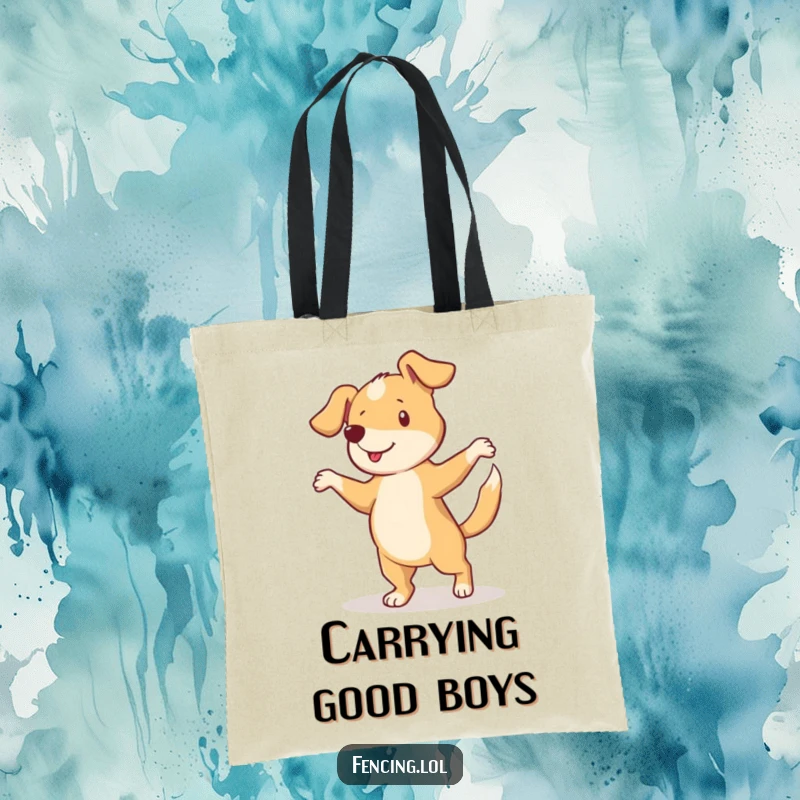 Funny tote bag with a curious dog performing a pirouette with its tail wagging, showcasing joyful movement.