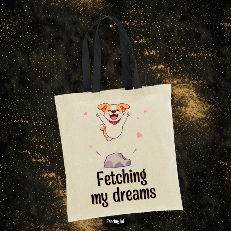 Funny tote bag with a joyful dog leaping high in a spectacular vault, perfect for carrying items with an energetic and fun canine theme.