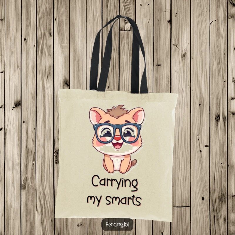 Funny tote bag showcasing a giggling animal sporting oversized glasses, a humorous and practical accessory.