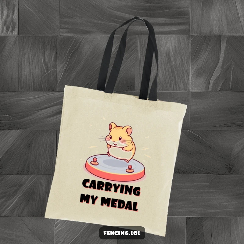 Funny tote bag with a determined hamster navigating a complex floor routine with speed, perfect for carrying items with an athletic and humorous theme.