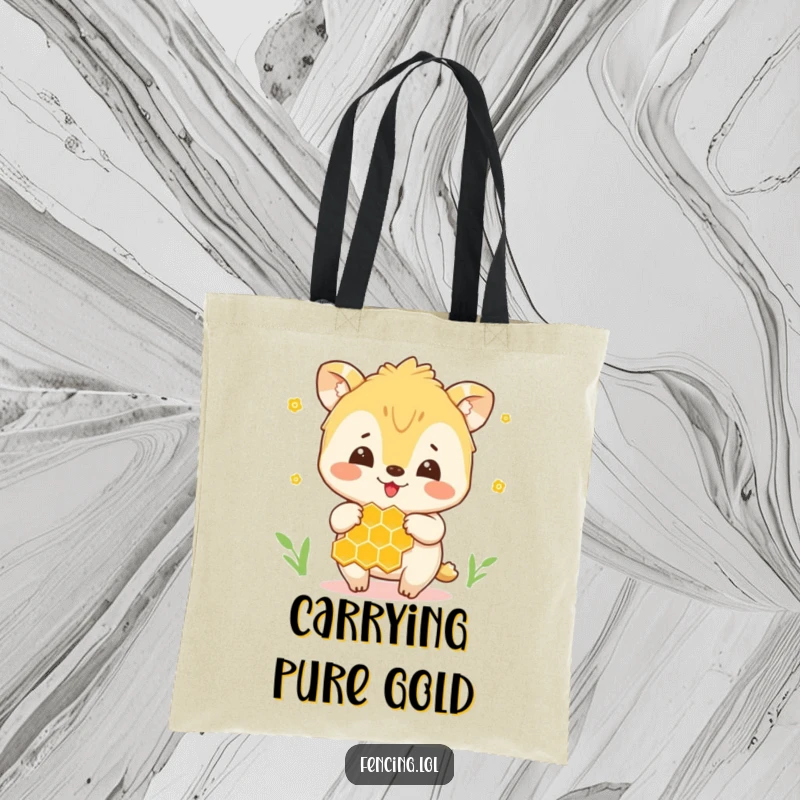 Funny tote bag showing a cheerful animal gently holding a delicious honeycomb, ready for adventures.