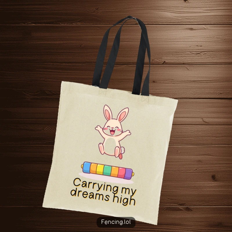 Funny rabbit tote bag designed with a cheerful bunny mid-high jump, perfect for a stylish and humorous carry-all.