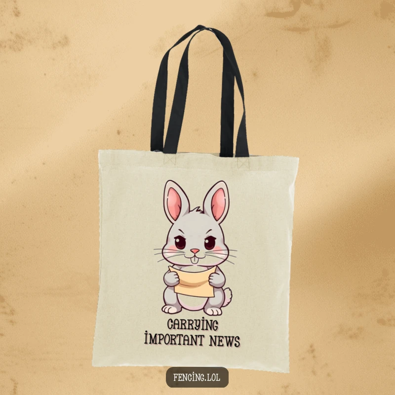 Funny tote bag illustrated with a determined rabbit holding a scroll with a focused gaze, representing planning and ambition, a humorous accessory.