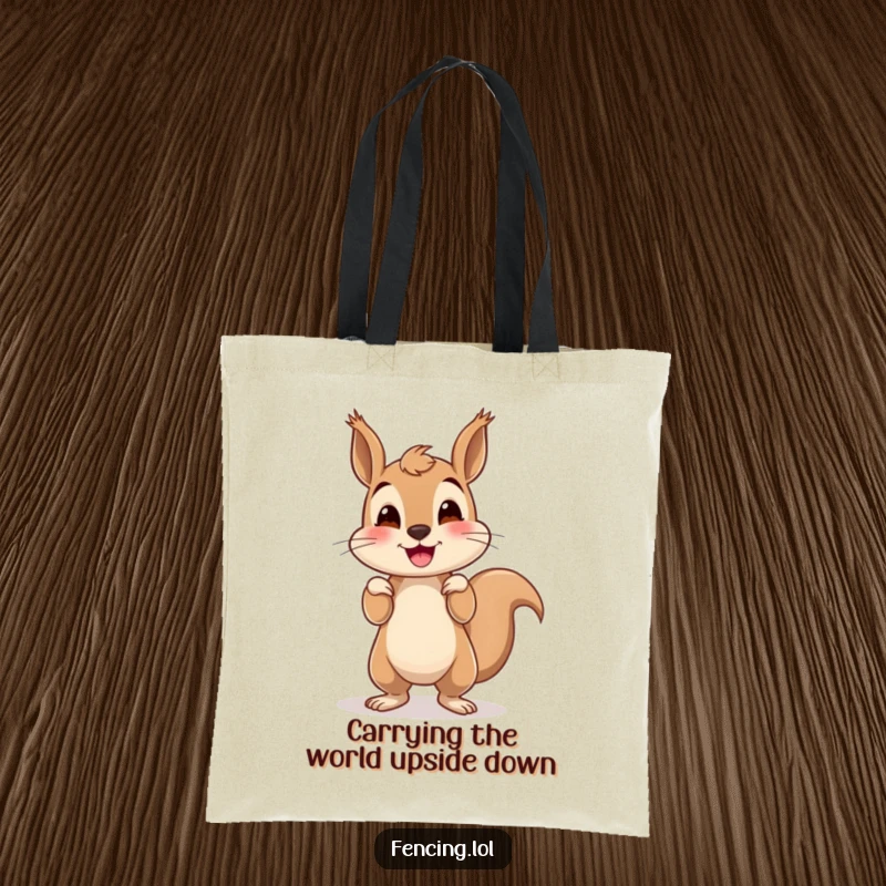 Funny squirrel tote bag designed with a smiling squirrel attempting a handstand, showcasing its wobbly charm and energetic spirit.