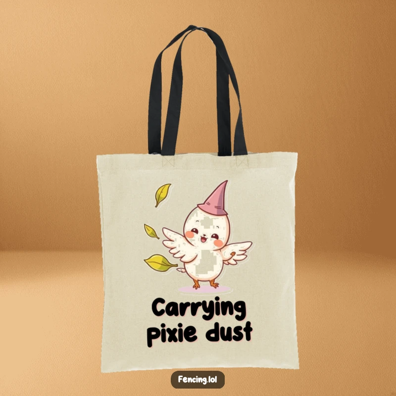 Funny tote bag with a cheerful, winged creature wearing a tiny pointed hat parrying a playfully tossed leaf, a whimsical and eye-catching accessory.