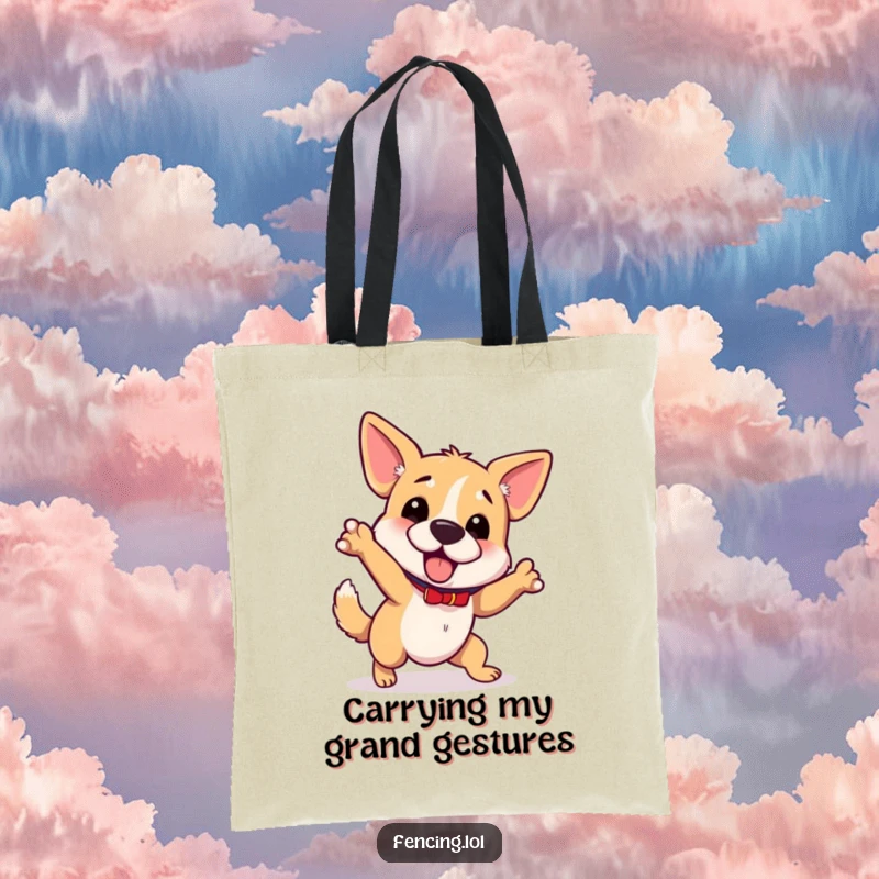 Funny wobbly dog tote bag, tripping while gesturing grandly, humorous and durable, ideal gift for clumsy friends.