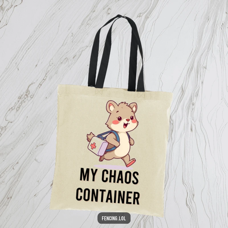 Funny tote bag showing a wobbly animal tripping with a medical bag, a humorous and practical accessory for chaos.