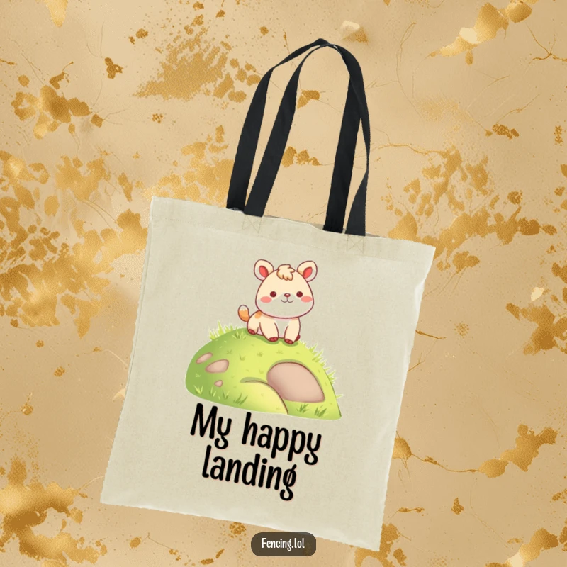 Funny tote bag illustration of a happy animal softly landing on a grassy hill, ideal for carrying everyday items with humor.