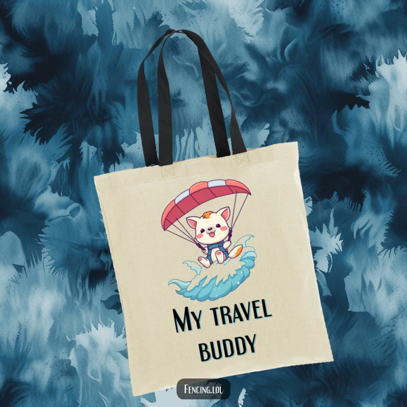 Funny playful animal waving from a paraglider harness on a tote bag, perfect for carrying daily items with flair.