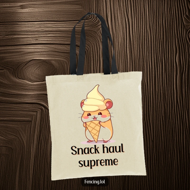 Funny tote bag with a hamster hilariously trying to wear a giant ice cream cone, ideal for carrying essentials.